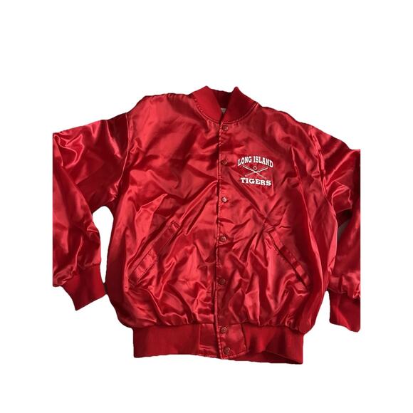 Birdie Mens Jacket Red Satin Bomber Coat Large Long Island Tigers Vtg 90’s - Picture 1 of 9